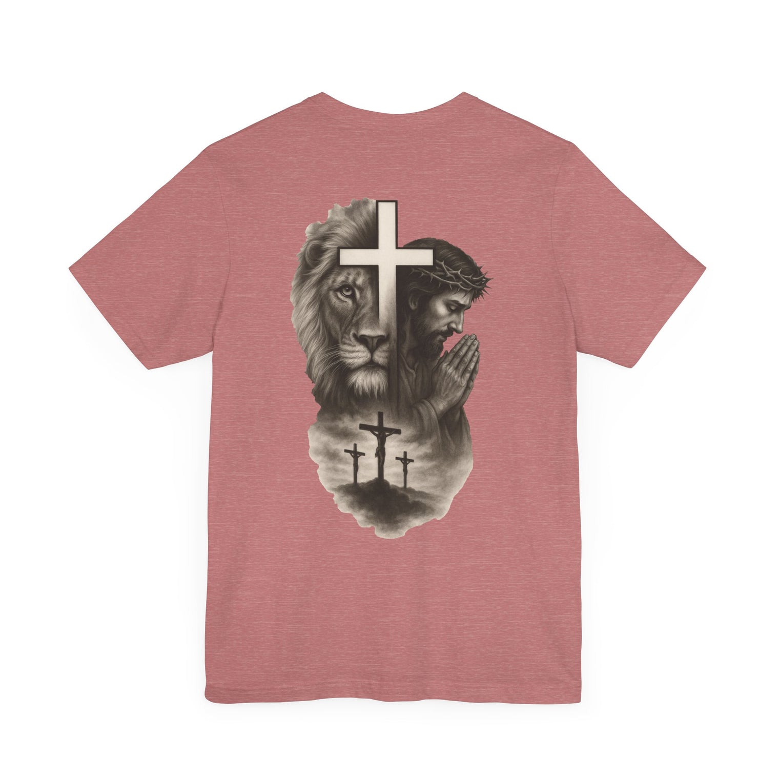 Back Design Lion of Judah Christian T-Shirt – Jesus Praying, Cross & Calvary Three Crosses – Faith-Based Religious Tee - OGGDesigns
