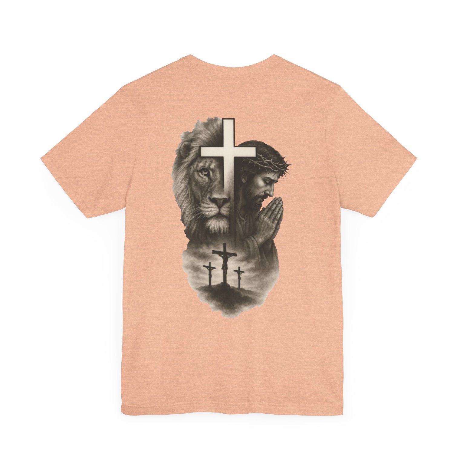 Back Design Lion of Judah Christian T-Shirt – Jesus Praying, Cross & Calvary Three Crosses – Faith-Based Religious Tee - OGGDesigns