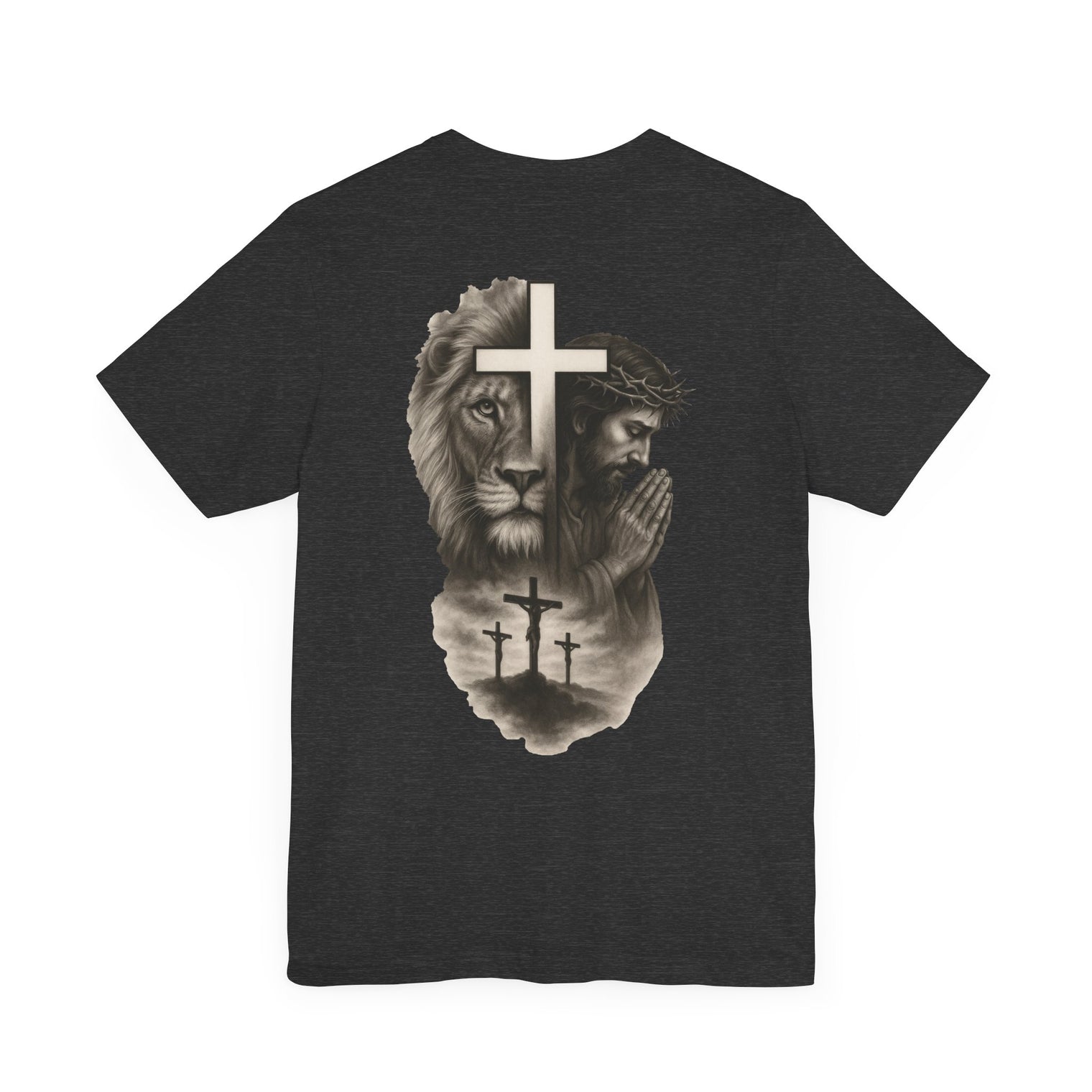 Back Design Lion of Judah Christian T-Shirt – Jesus Praying, Cross & Calvary Three Crosses – Faith-Based Religious Tee - OGGDesigns