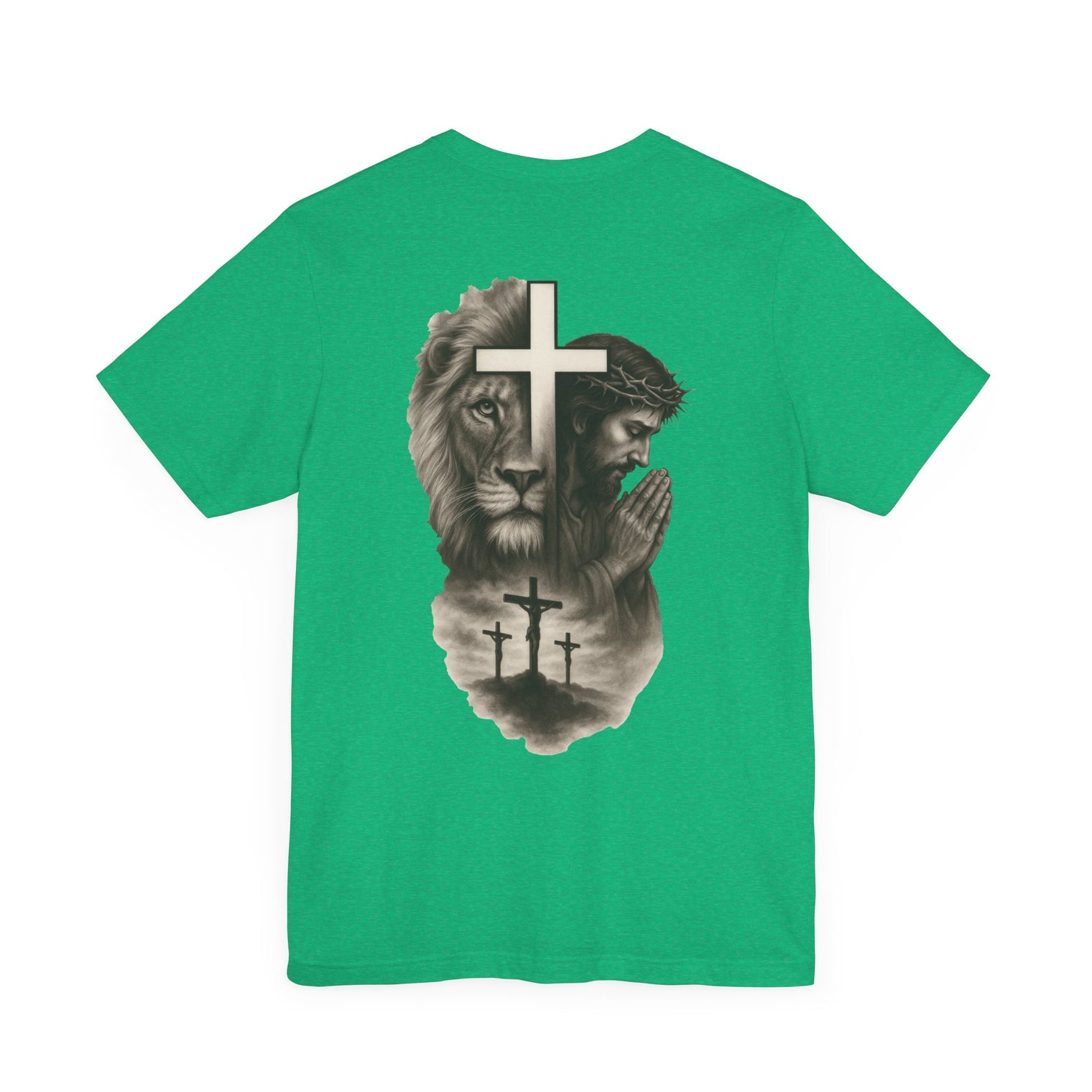 Back Design Lion of Judah Christian T-Shirt – Jesus Praying, Cross & Calvary Three Crosses – Faith-Based Religious Tee - OGGDesigns