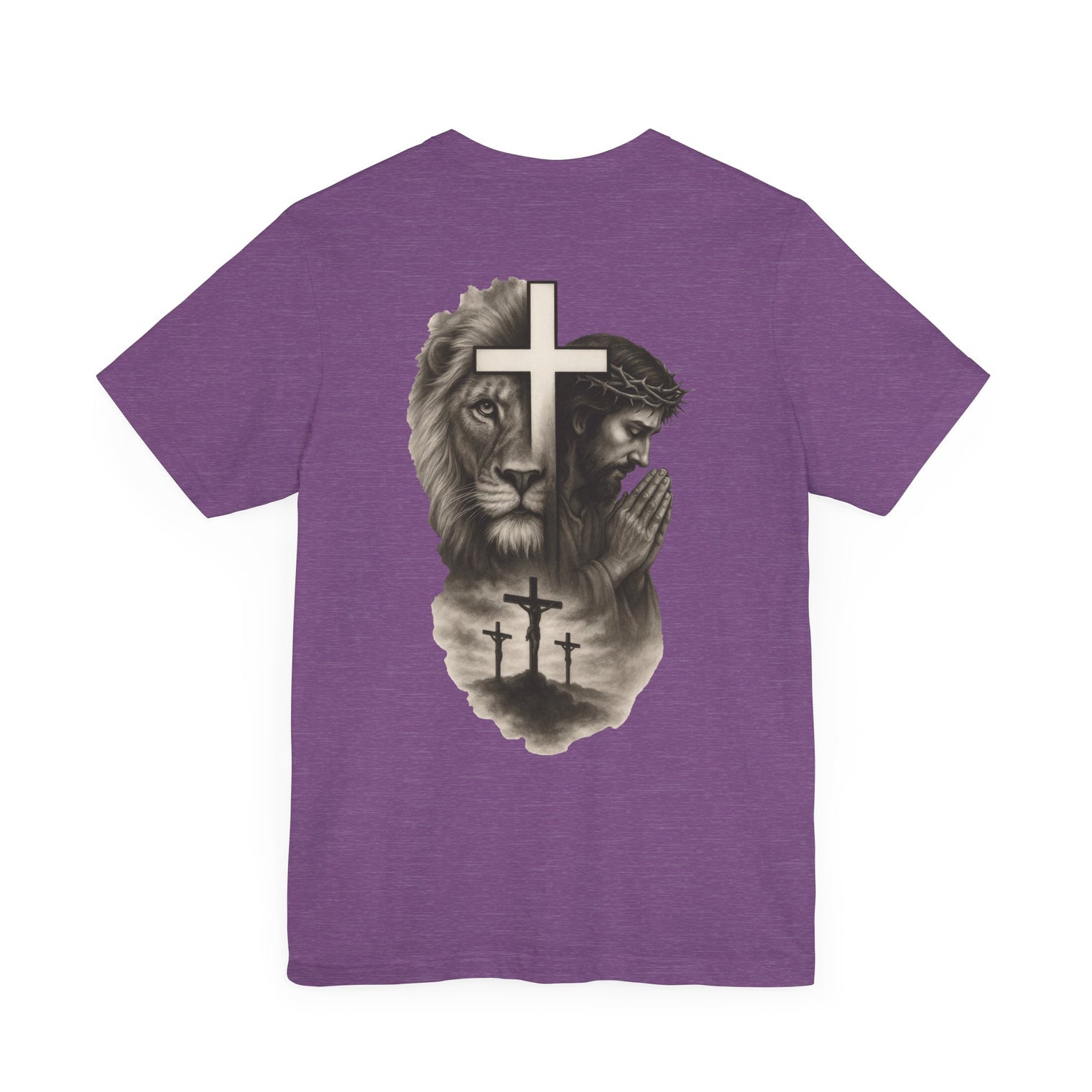 Back Design Lion of Judah Christian T-Shirt – Jesus Praying, Cross & Calvary Three Crosses – Faith-Based Religious Tee - OGGDesigns