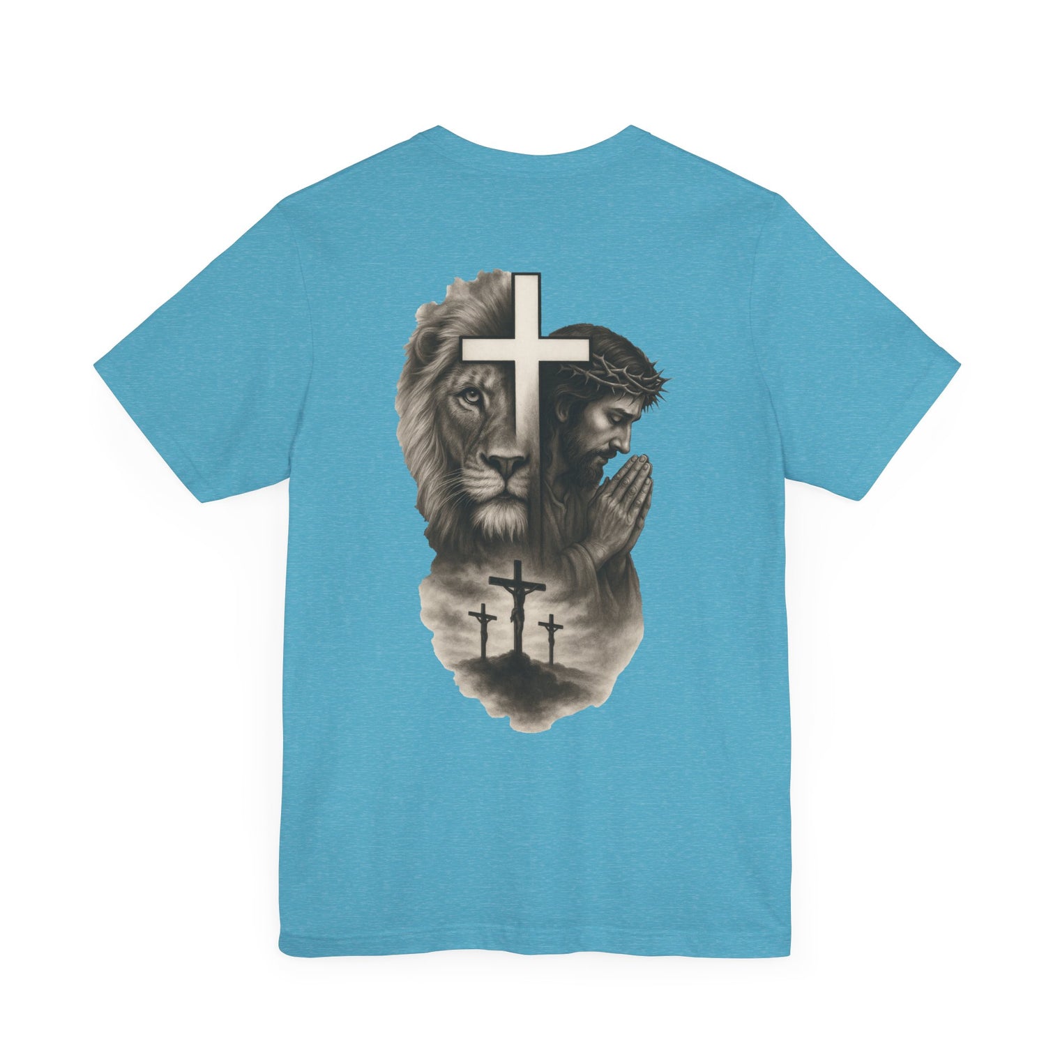 Back Design Lion of Judah Christian T-Shirt – Jesus Praying, Cross & Calvary Three Crosses – Faith-Based Religious Tee - OGGDesigns