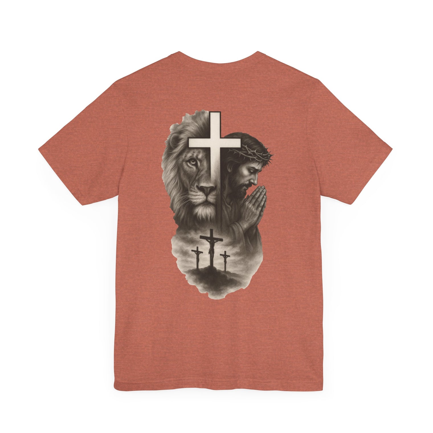 Back Design Lion of Judah Christian T-Shirt – Jesus Praying, Cross & Calvary Three Crosses – Faith-Based Religious Tee - OGGDesigns