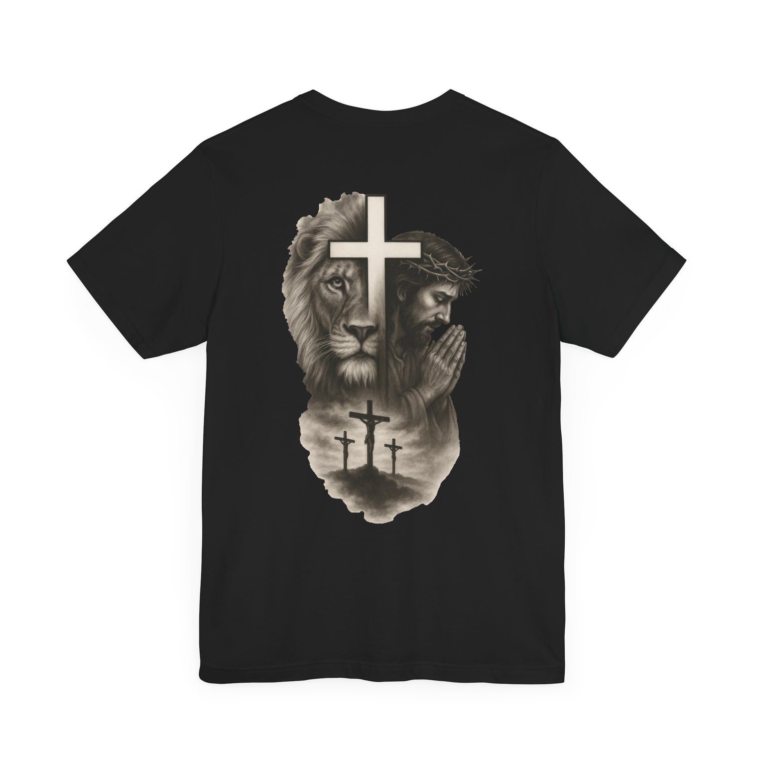 Back Design Lion of Judah Christian T-Shirt – Jesus Praying, Cross & Calvary Three Crosses – Faith-Based Religious Tee - OGGDesigns