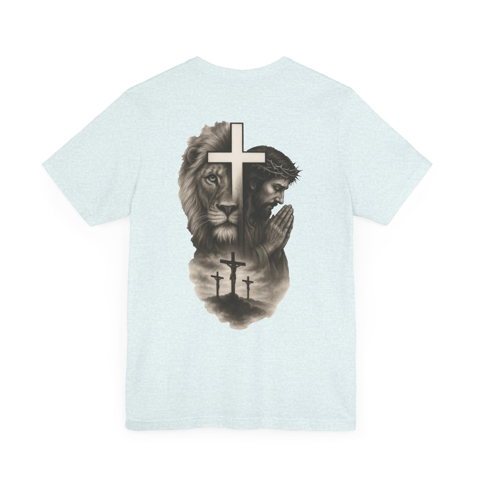 Back Design Lion of Judah Christian T-Shirt – Jesus Praying, Cross & Calvary Three Crosses – Faith-Based Religious Tee - OGGDesigns