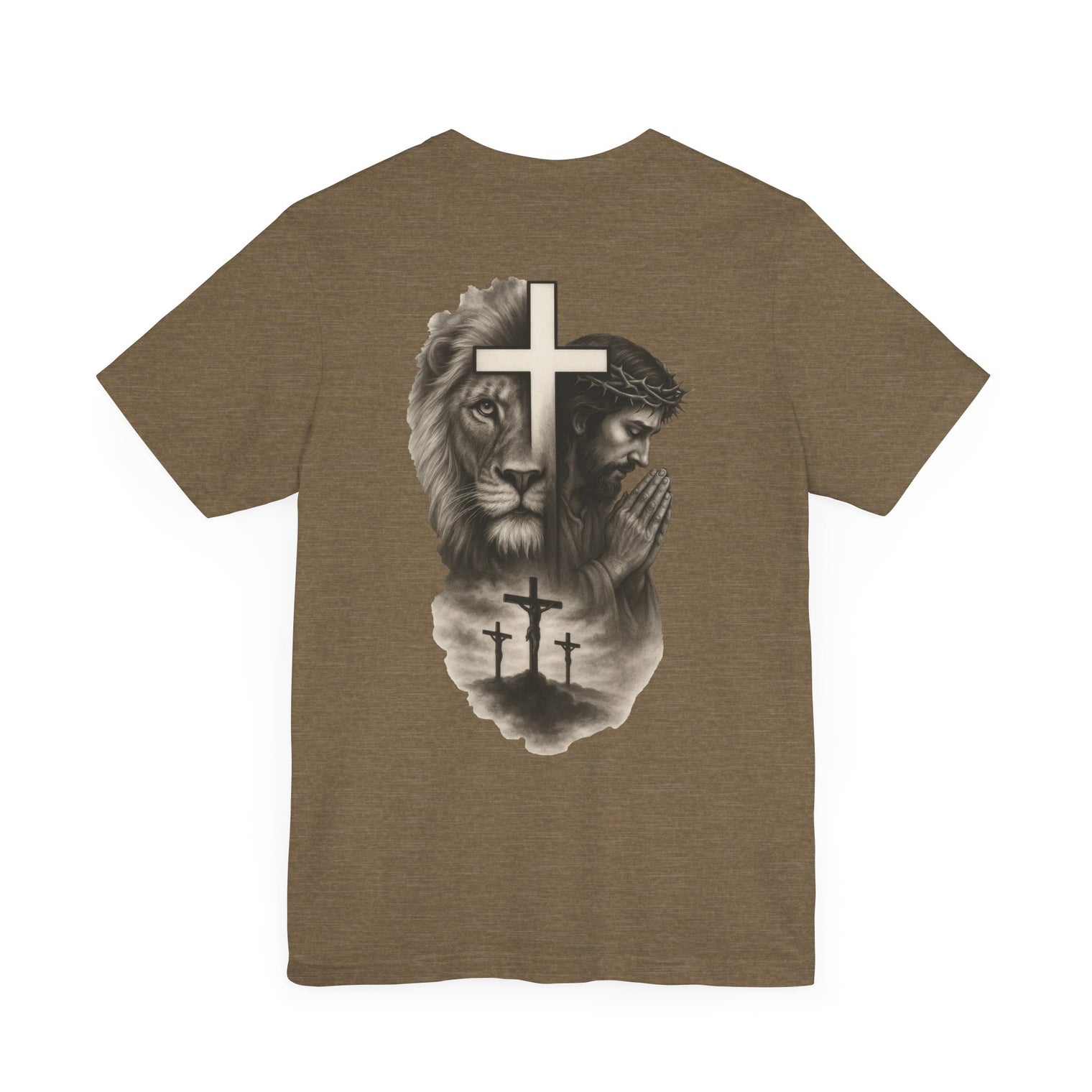 Back Design Lion of Judah Christian T-Shirt – Jesus Praying, Cross & Calvary Three Crosses – Faith-Based Religious Tee - OGGDesigns