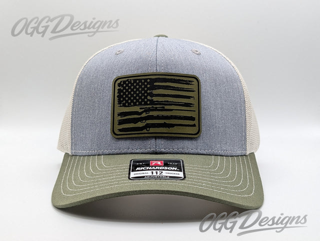 American Flag Rifle Trucker Hat - Laser Engraved Leatherette Patch - OGGDesigns