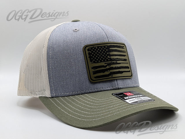 American Flag Rifle Trucker Hat - Laser Engraved Leatherette Patch - OGGDesigns
