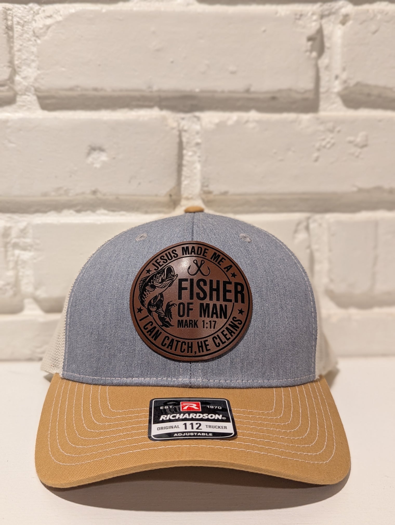 Fisher of Men Christian Hat Leatherette Patch Richardson 112 Trucker Cap Faith Based Outdoor Gift for Him, Father's Day Hat - OGGDesigns