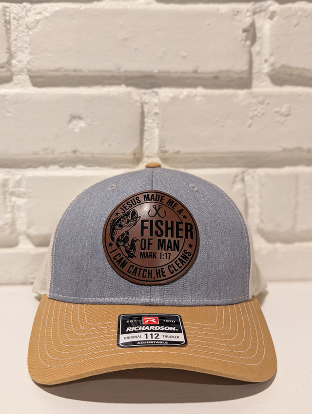 Fisher of Men Christian Hat Leatherette Patch Richardson 112 Trucker Cap Faith Based Outdoor Gift for Him, Father's Day Hat - OGGDesigns