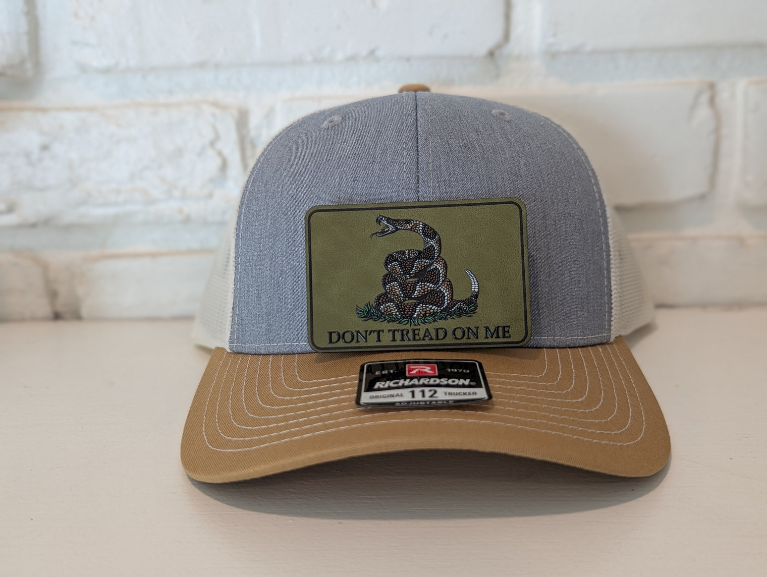 Don't Tread On Me Hat Die Cut UV Texture Build Leatherette Heritage Walnut Patch Richardson 112 Trucker Cap USA Patriotic Hat - OGGDesigns