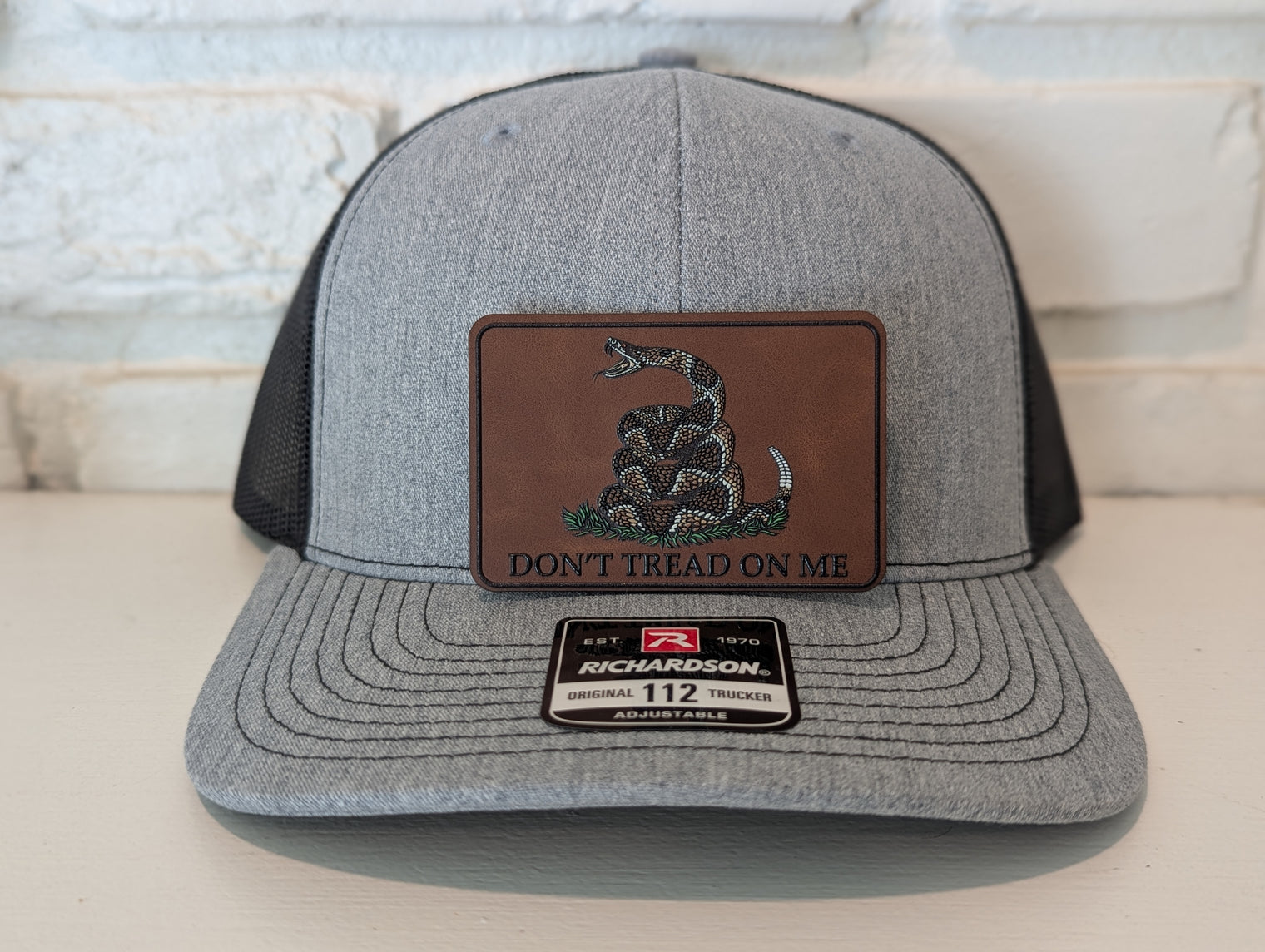 Don't Tread On Me Hat Die Cut UV Texture Build Leatherette Heritage Walnut Patch Richardson 112 Trucker Cap USA Patriotic Hat - OGGDesigns