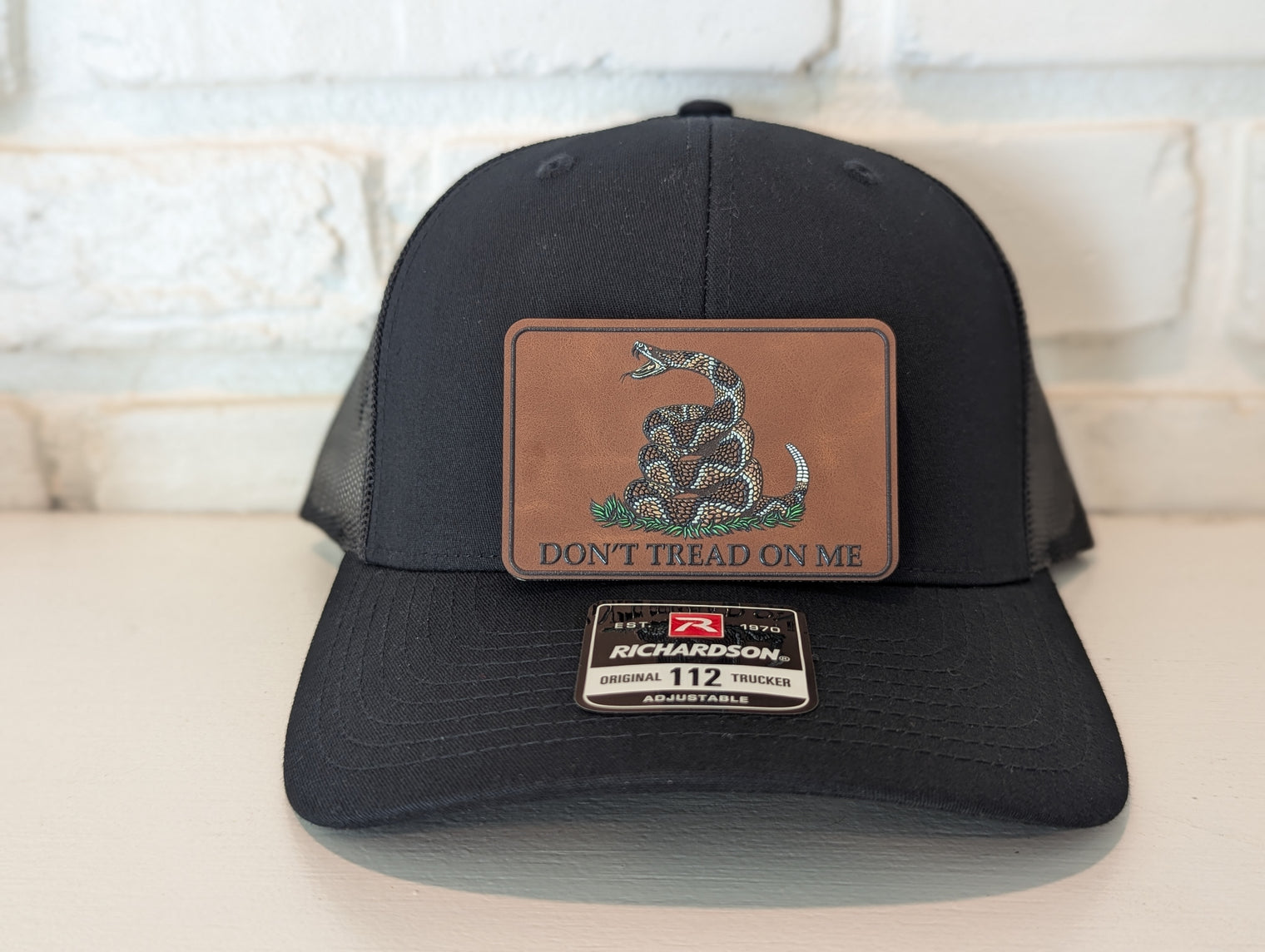 Don't Tread On Me Hat Die Cut UV Texture Build Leatherette Heritage Walnut Patch Richardson 112 Trucker Cap USA Patriotic Hat - OGGDesigns