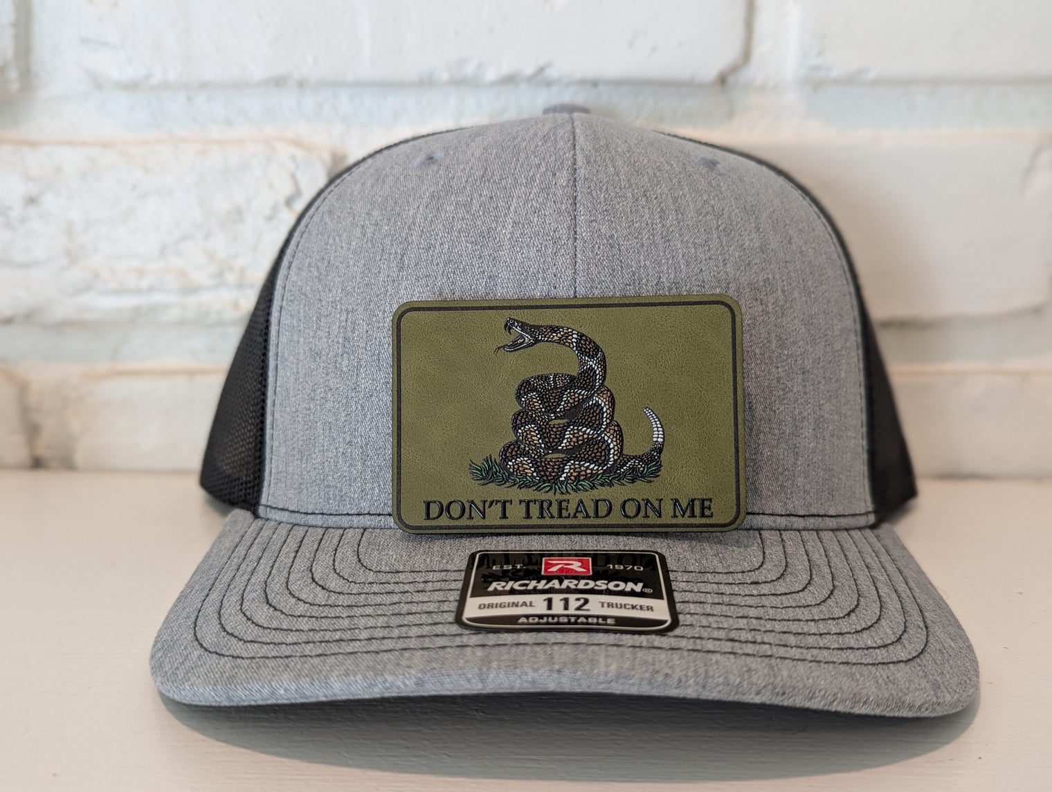Don't Tread On Me Hat Die Cut UV Texture Build Leatherette Heritage Walnut Patch Richardson 112 Trucker Cap USA Patriotic Hat - OGGDesigns