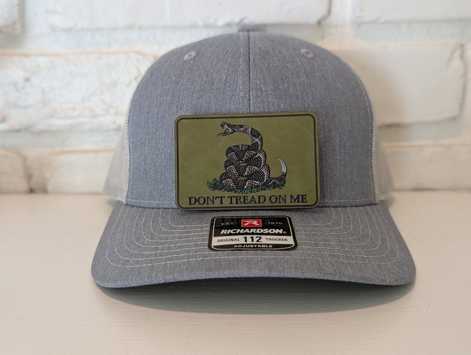 Don't Tread On Me Hat Die Cut UV Texture Build Leatherette Heritage Walnut Patch Richardson 112 Trucker Cap USA Patriotic Hat - OGGDesigns