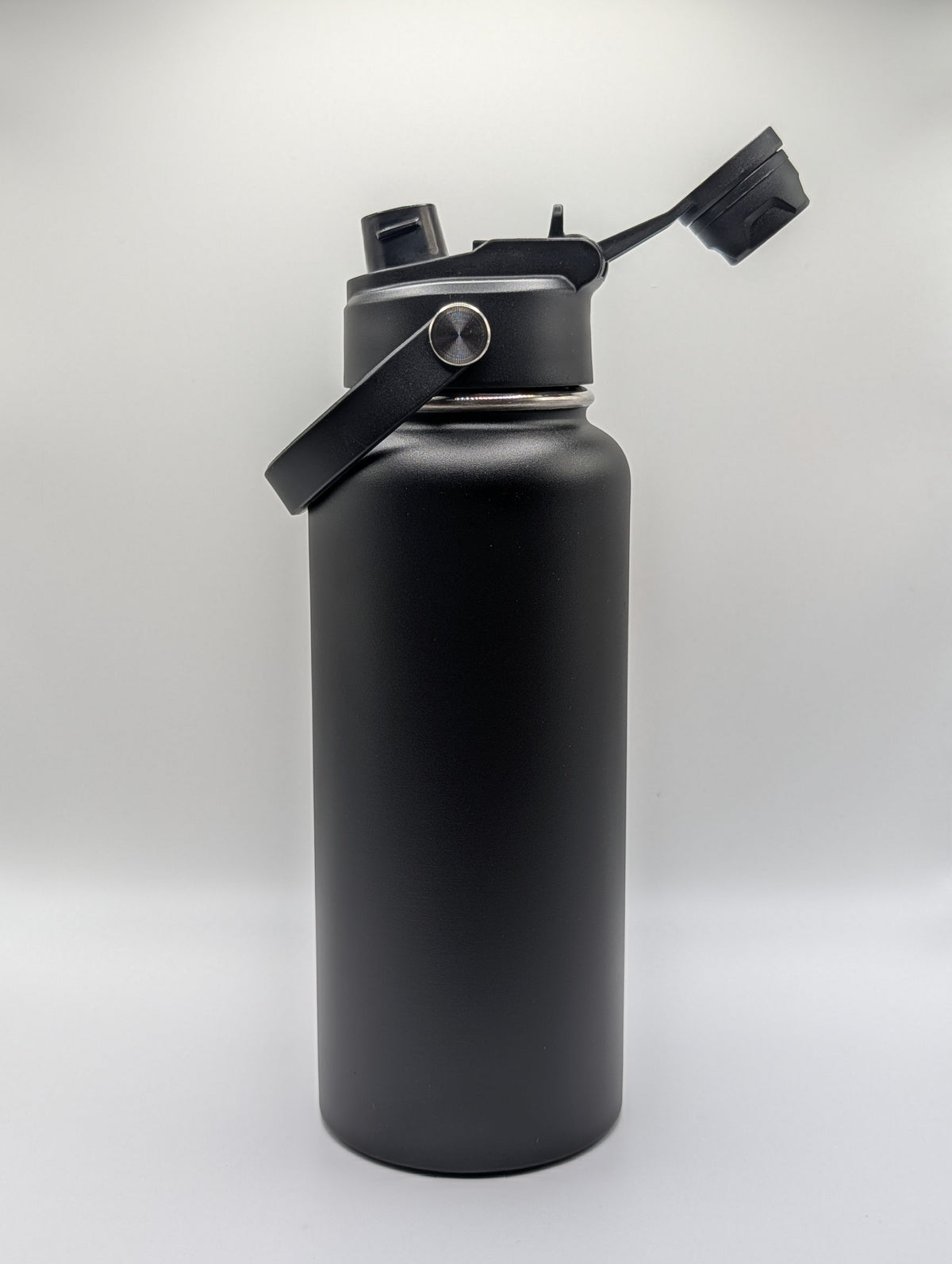 32oz matte black dual-lid water bottle blank with flip straw lid and carry handle, laser engraving ready