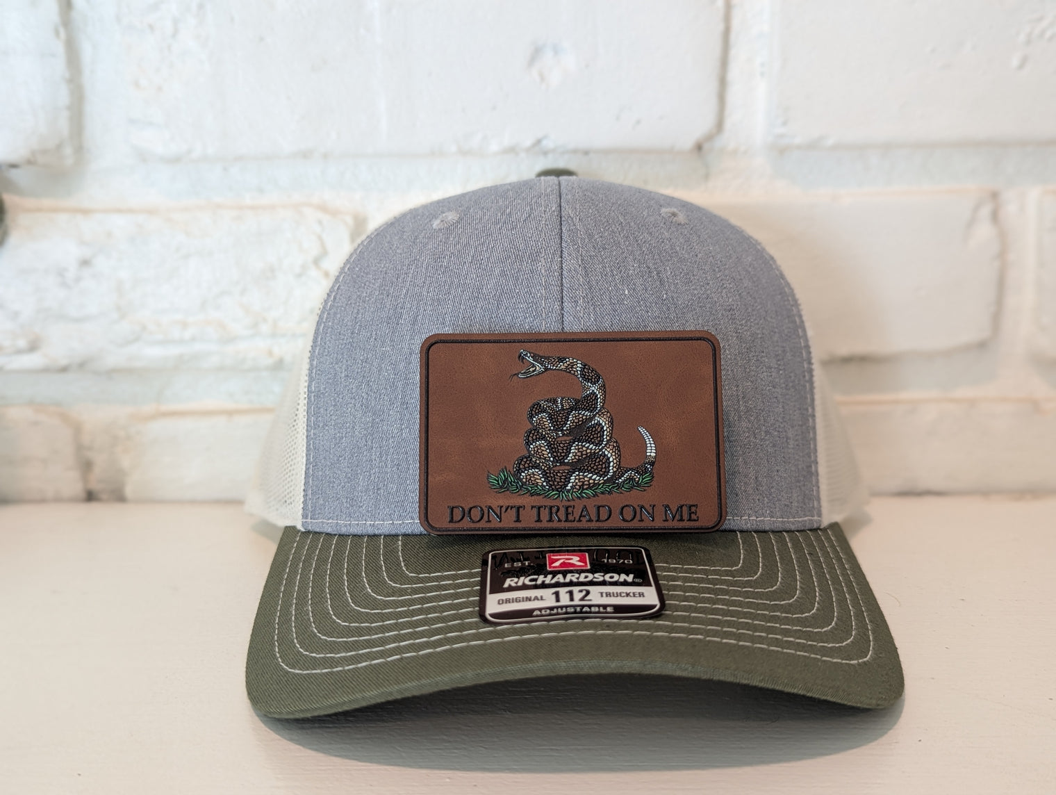 Don't Tread On Me Hat Die Cut UV Texture Build Leatherette Heritage Walnut Patch Richardson 112 Trucker Cap USA Patriotic Hat - OGGDesigns
