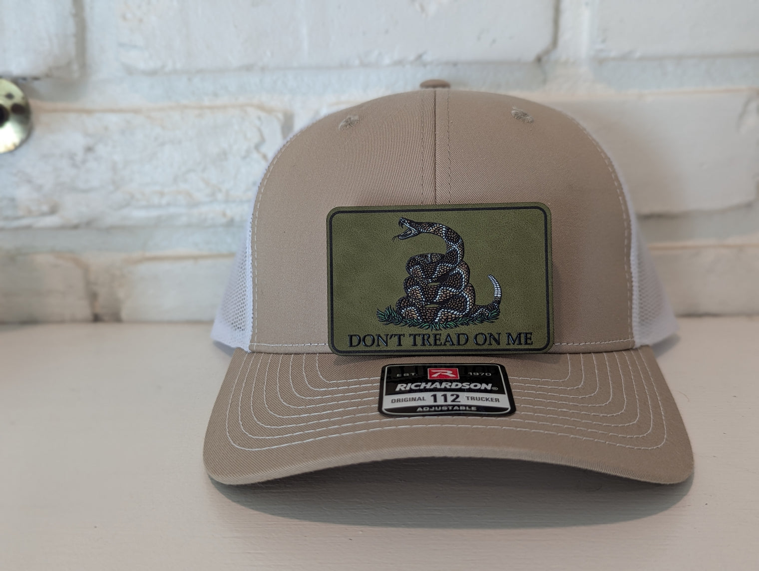 Don't Tread On Me Hat Die Cut UV Texture Build Leatherette Heritage Walnut Patch Richardson 112 Trucker Cap USA Patriotic Hat - OGGDesigns