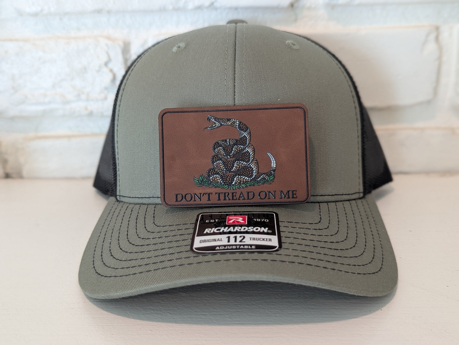 Don't Tread On Me Hat Die Cut UV Texture Build Leatherette Heritage Walnut Patch Richardson 112 Trucker Cap USA Patriotic Hat - OGGDesigns