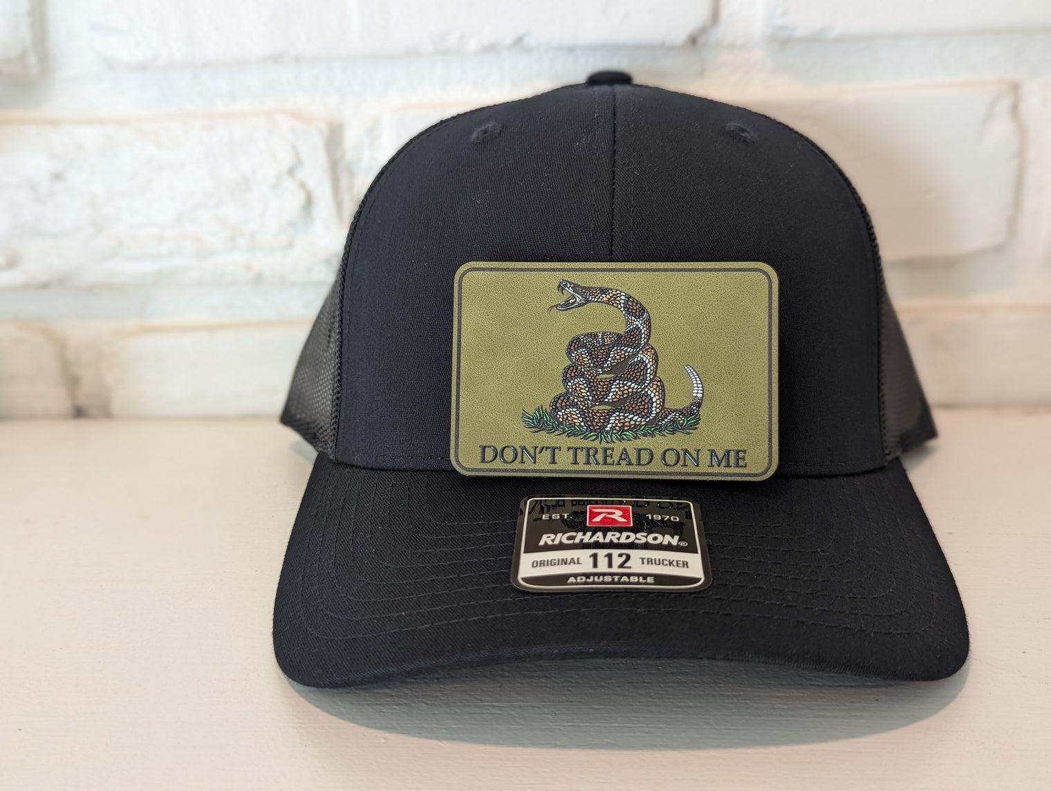 Don't Tread On Me Hat Die Cut UV Texture Build Leatherette Heritage Walnut Patch Richardson 112 Trucker Cap USA Patriotic Hat - OGGDesigns