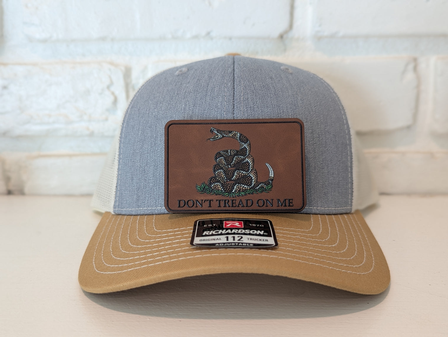 Don't Tread On Me Hat Die Cut UV Texture Build Leatherette Heritage Walnut Patch Richardson 112 Trucker Cap USA Patriotic Hat - OGGDesigns