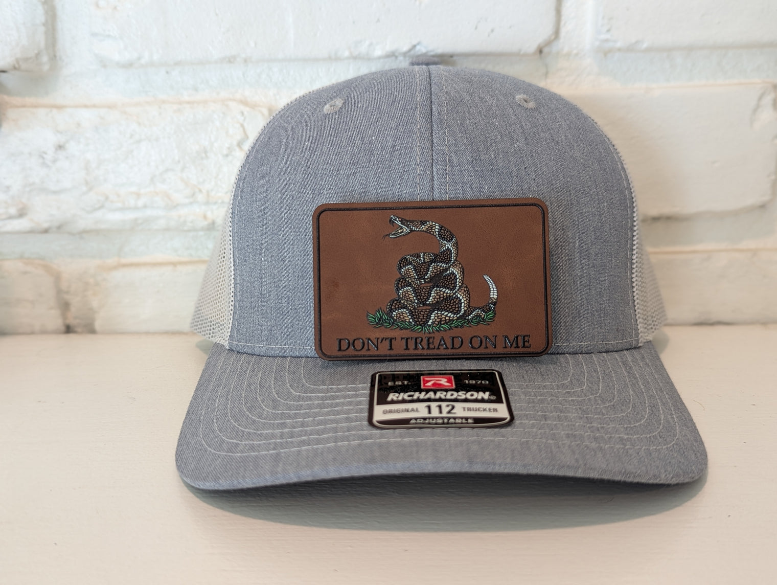 Don't Tread On Me Hat Die Cut UV Texture Build Leatherette Heritage Walnut Patch Richardson 112 Trucker Cap USA Patriotic Hat - OGGDesigns