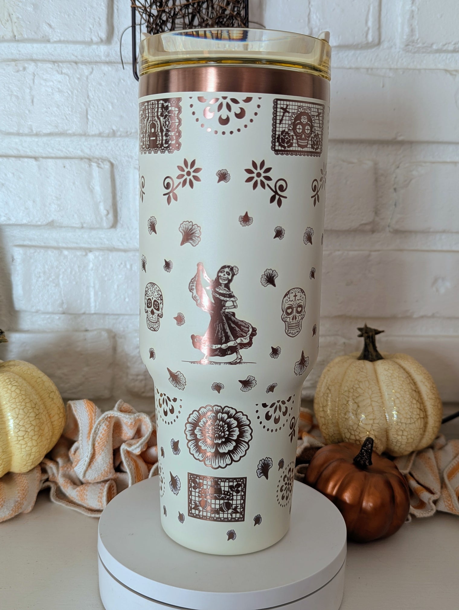 40oz Día de los Muertos Laser Engraved Tumbler – Full Rose Gold Wrap | Premium Insulated Stainless Steel Cup - OGGDesigns