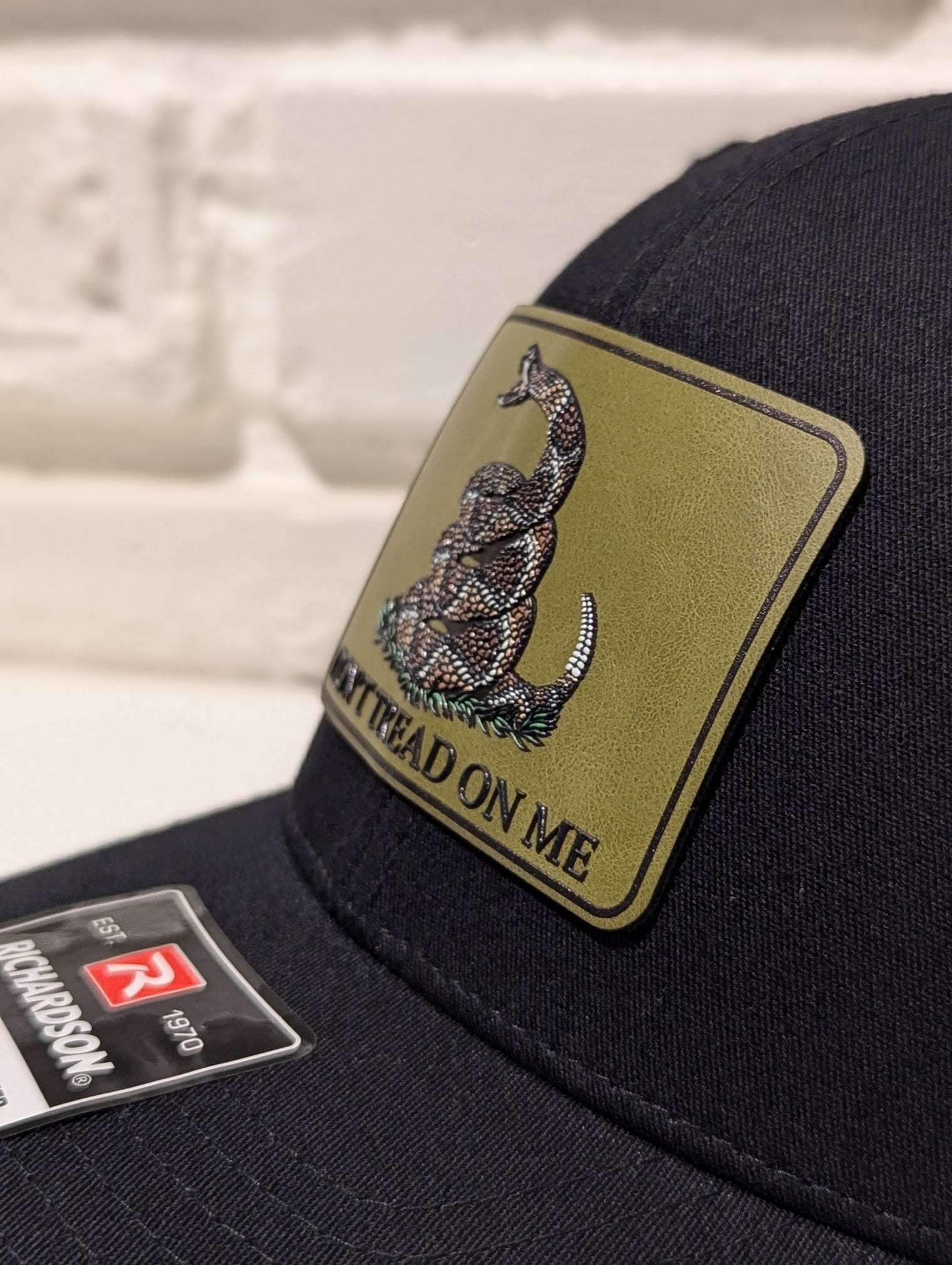 Don't Tread On Me Hat Die Cut UV Texture Build Leatherette Heritage Walnut Patch Richardson 112 Trucker Cap USA Patriotic Hat - OGGDesigns