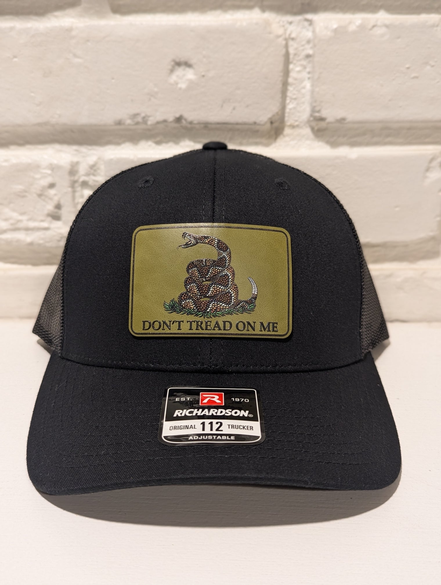 Don't Tread On Me Hat Die Cut UV Texture Build Leatherette Heritage Walnut Patch Richardson 112 Trucker Cap USA Patriotic Hat - OGGDesigns