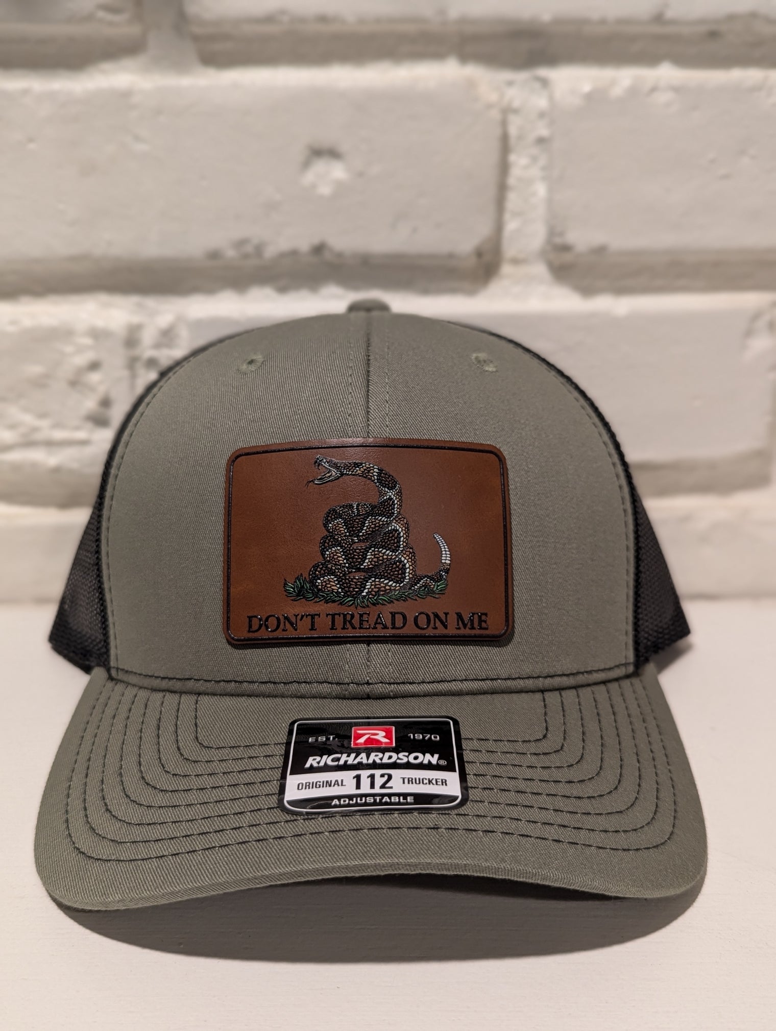 Don't Tread On Me Hat Die Cut UV Texture Build Leatherette Heritage Walnut Patch Richardson 112 Trucker Cap USA Patriotic Hat - OGGDesigns