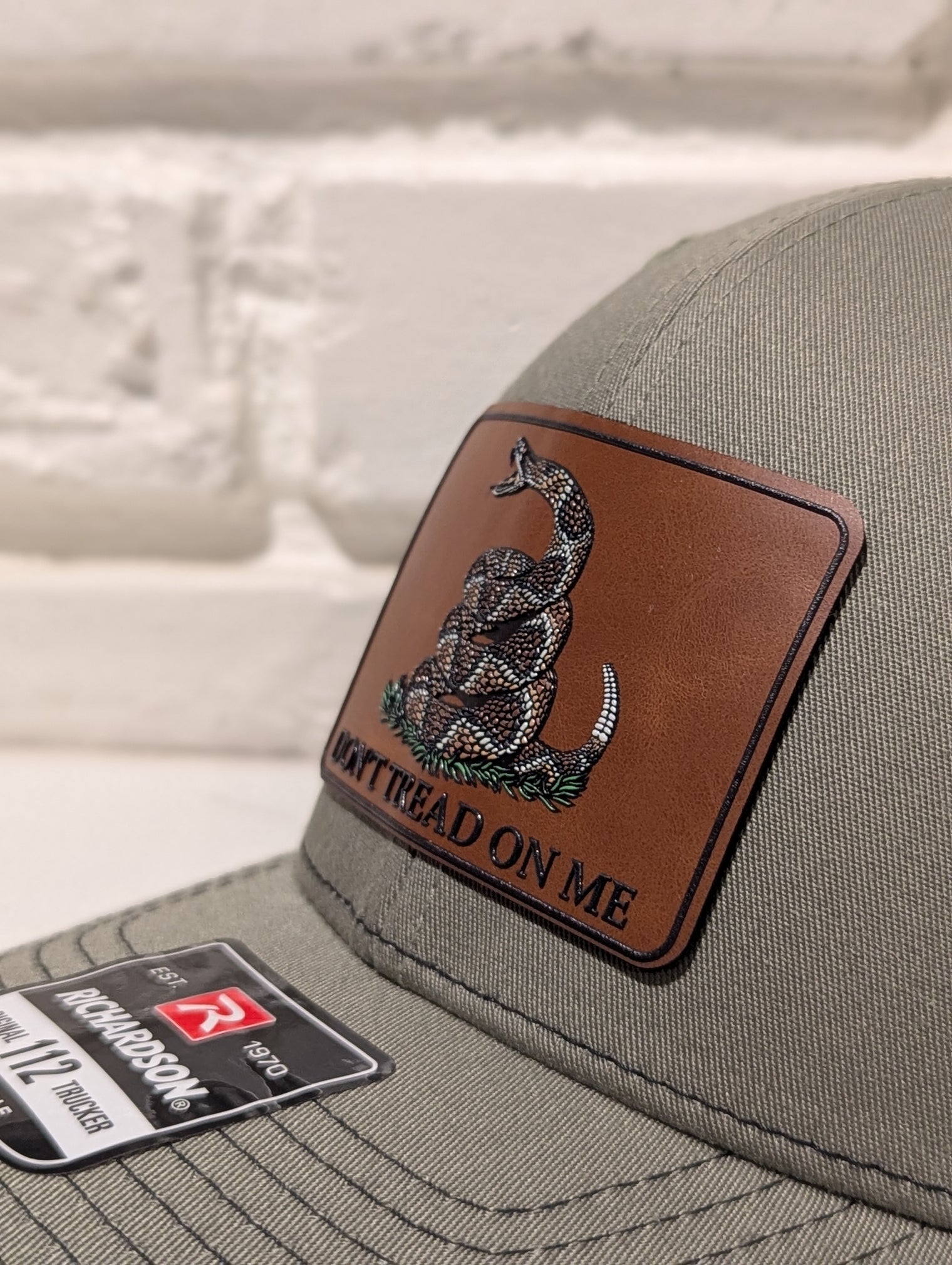 Don't Tread On Me Hat Die Cut UV Texture Build Leatherette Heritage Walnut Patch Richardson 112 Trucker Cap USA Patriotic Hat - OGGDesigns