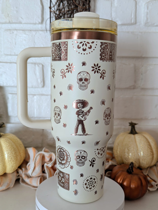 40oz Día de los Muertos Laser Engraved Tumbler – Full Rose Gold Wrap | Premium Insulated Stainless Steel Cup - OGGDesigns
