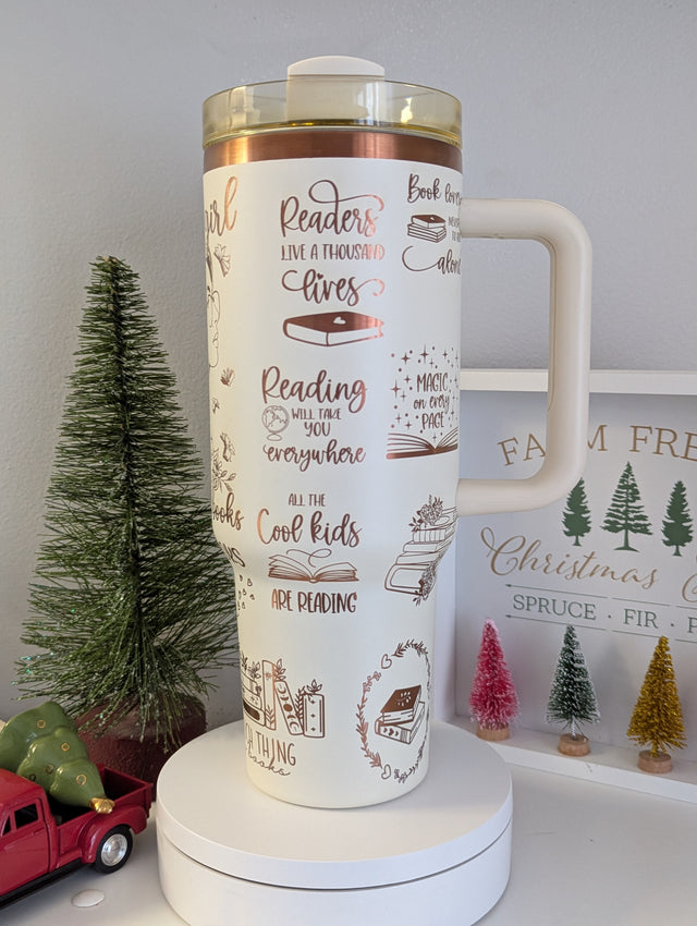 Unique Book Lover's 40 oz Tumbler Laser Engraved Stainless Steel tumbler with Handle - OGGDesigns