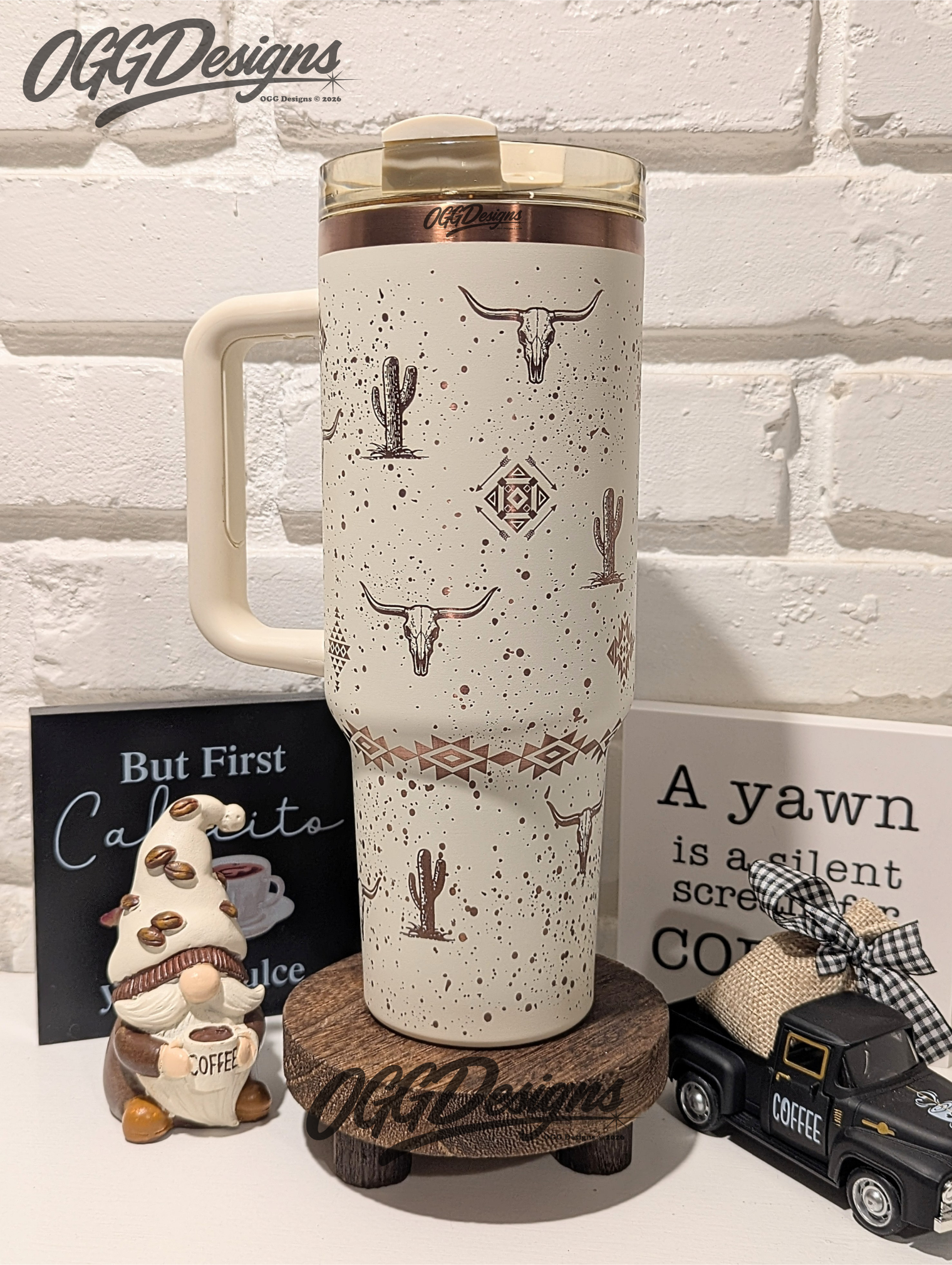 Western Aztec 40oz Tumbler – Desert Cactus & Longhorn Engraved - OGGDesigns
