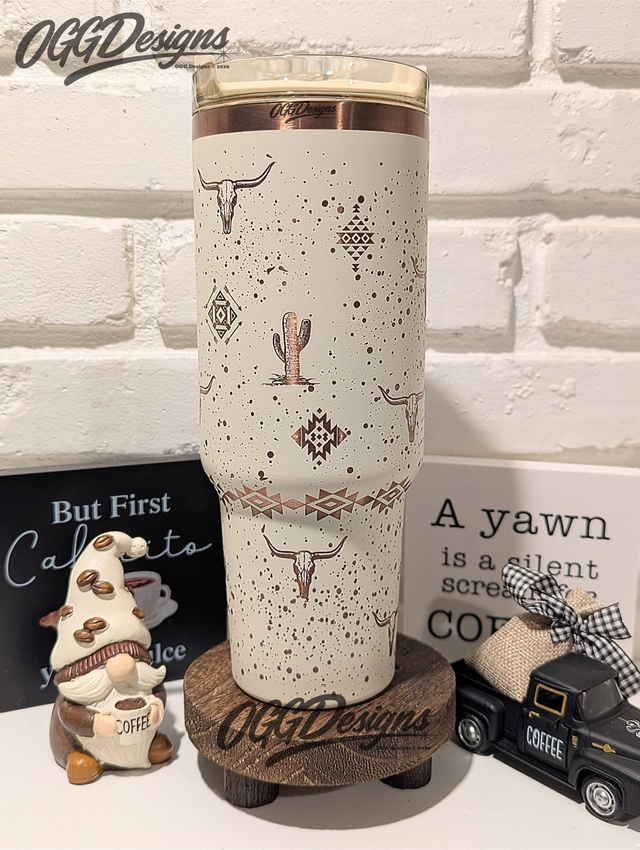 Western Aztec 40oz Tumbler – Desert Cactus & Longhorn Engraved - OGGDesigns