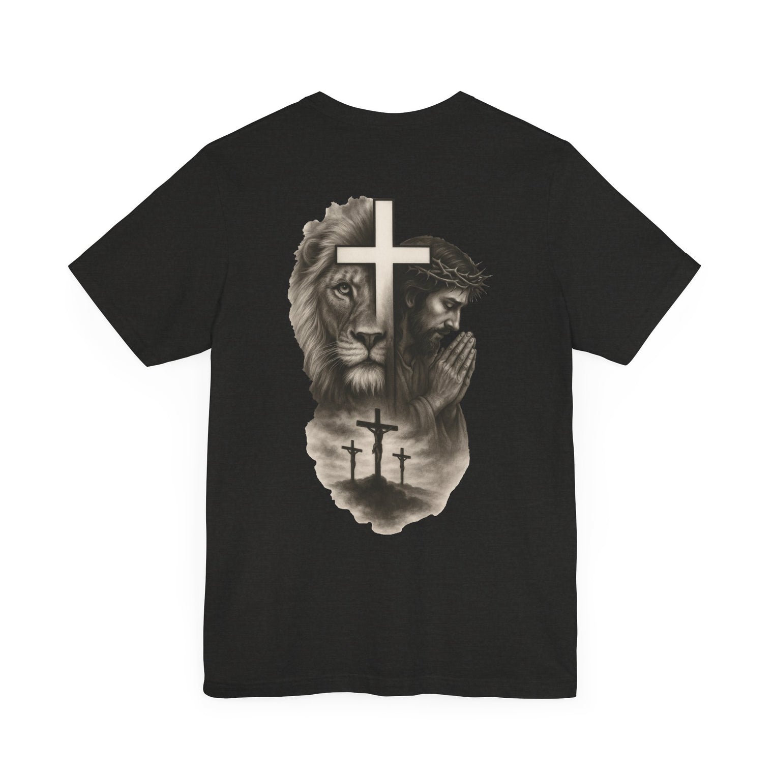 Back Design Lion of Judah Christian T-Shirt – Jesus Praying, Cross & Calvary Three Crosses – Faith-Based Religious Tee - OGGDesigns