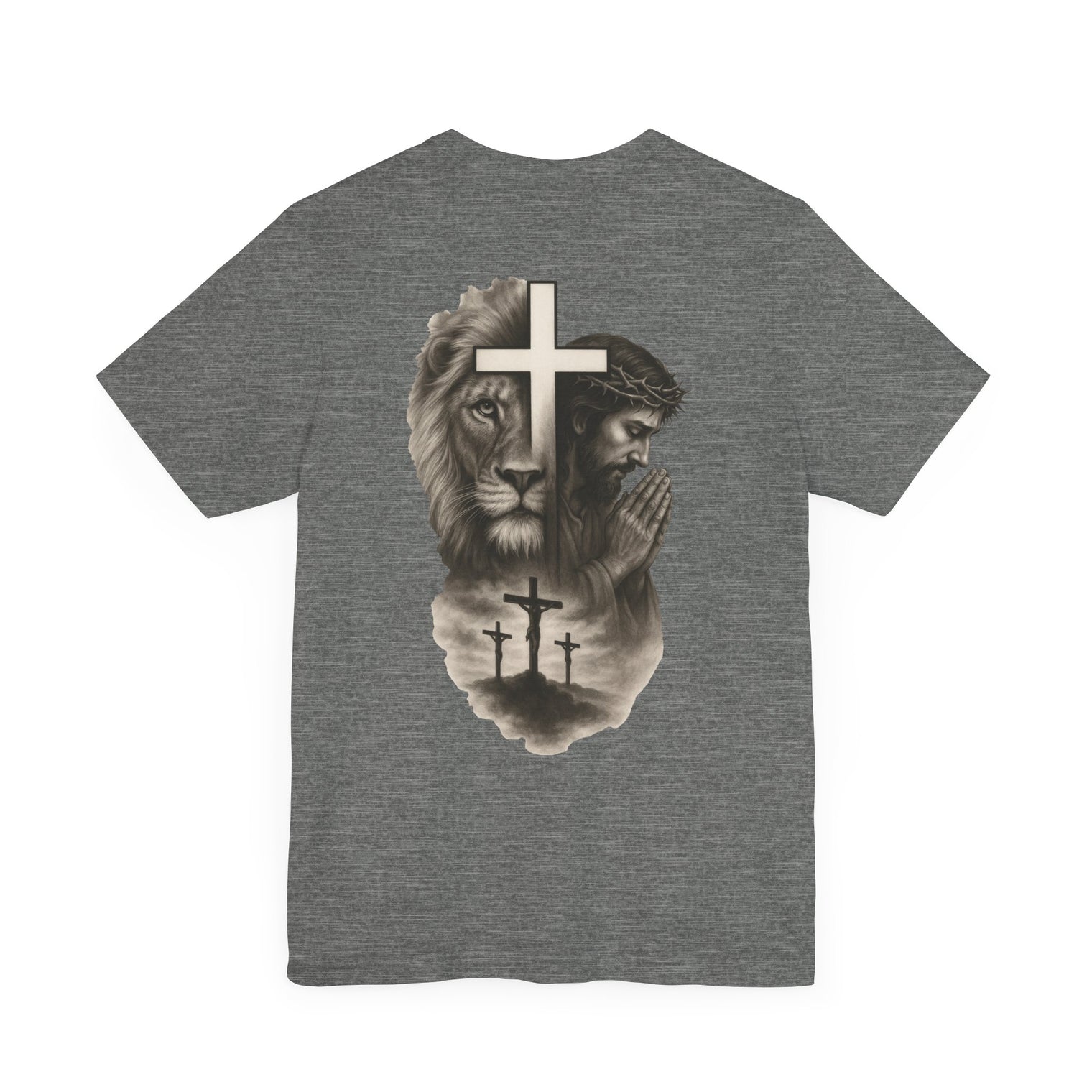 Back Design Lion of Judah Christian T-Shirt – Jesus Praying, Cross & Calvary Three Crosses – Faith-Based Religious Tee - OGGDesigns