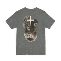 Back Design Lion of Judah Christian T-Shirt – Jesus Praying, Cross & Calvary Three Crosses – Faith-Based Religious Tee - OGGDesigns
