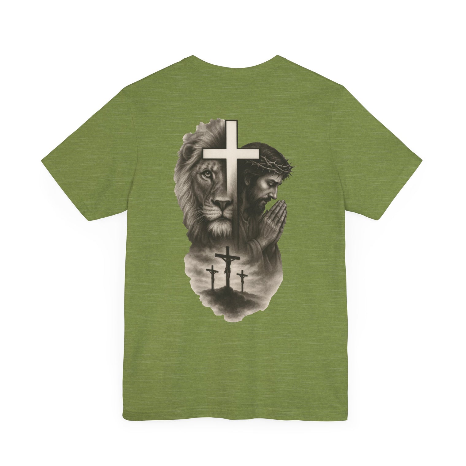 Back Design Lion of Judah Christian T-Shirt – Jesus Praying, Cross & Calvary Three Crosses – Faith-Based Religious Tee - OGGDesigns