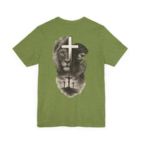 Back Design Lion of Judah Christian T-Shirt – Jesus Praying, Cross & Calvary Three Crosses – Faith-Based Religious Tee - OGGDesigns