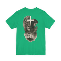 Back Design Lion of Judah Christian T-Shirt – Jesus Praying, Cross & Calvary Three Crosses – Faith-Based Religious Tee - OGGDesigns