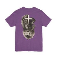 Back Design Lion of Judah Christian T-Shirt – Jesus Praying, Cross & Calvary Three Crosses – Faith-Based Religious Tee - OGGDesigns