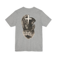 Back Design Lion of Judah Christian T-Shirt – Jesus Praying, Cross & Calvary Three Crosses – Faith-Based Religious Tee - OGGDesigns