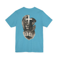Back Design Lion of Judah Christian T-Shirt – Jesus Praying, Cross & Calvary Three Crosses – Faith-Based Religious Tee - OGGDesigns