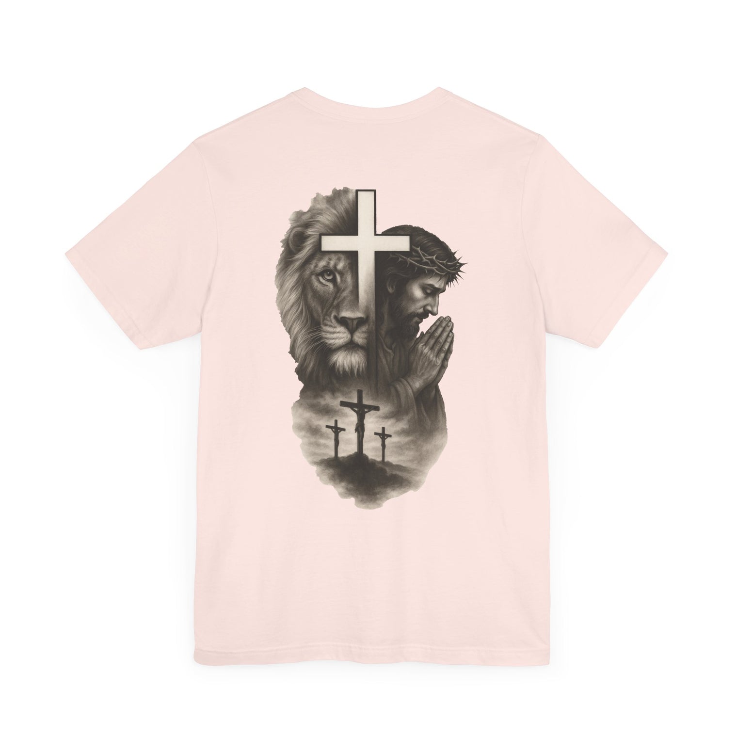 Back Design Lion of Judah Christian T-Shirt – Jesus Praying, Cross & Calvary Three Crosses – Faith-Based Religious Tee - OGGDesigns