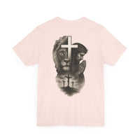 Back Design Lion of Judah Christian T-Shirt – Jesus Praying, Cross & Calvary Three Crosses – Faith-Based Religious Tee - OGGDesigns