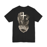 Back Design Lion of Judah Christian T-Shirt – Jesus Praying, Cross & Calvary Three Crosses – Faith-Based Religious Tee - OGGDesigns
