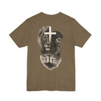 Back Design Lion of Judah Christian T-Shirt – Jesus Praying, Cross & Calvary Three Crosses – Faith-Based Religious Tee - OGGDesigns