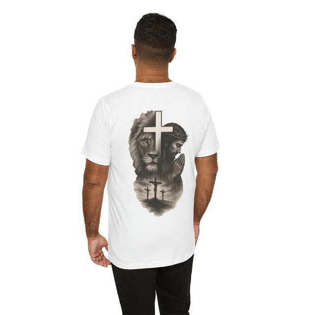 Back Design Lion of Judah Christian T-Shirt – Jesus Praying, Cross & Calvary Three Crosses – Faith-Based Religious Tee - OGGDesigns