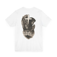 Back Design Lion of Judah Christian T-Shirt – Jesus Praying, Cross & Calvary Three Crosses – Faith-Based Religious Tee - OGGDesigns